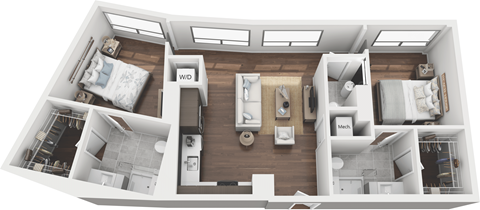Floor plan for 2 beds, 2.5 baths, 1010 sqft